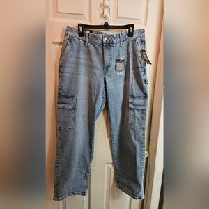 LuLaRoe Utility Denim Cargo Jeans Womens 32 (36x30) Blue Baggy Whiskered NWT